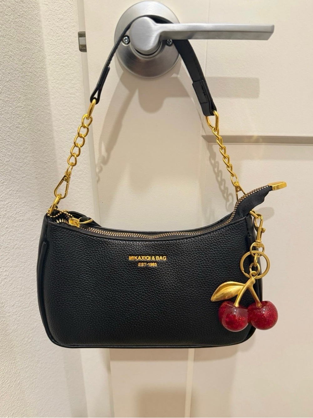 Black Mini Shoulder Bag with Cherry Charm